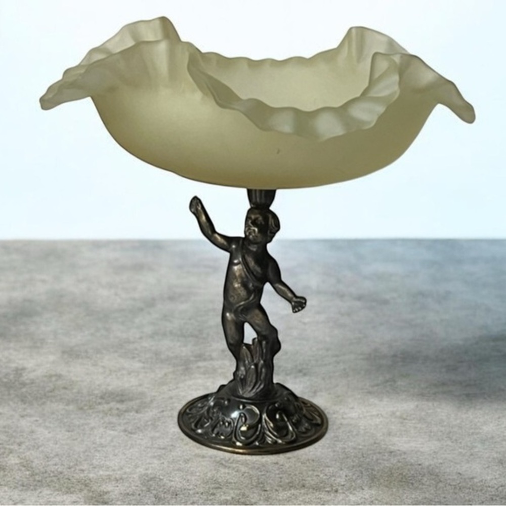 Antique  Art Nouveau Figural Cherub Bowl raffle Glass candy dish